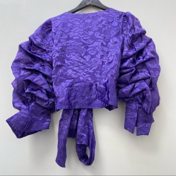 NWT SOS Alice + Olivia Dominica Wrap Top in Baroque Floral Electric Purple  XS - Picture 6 of 9